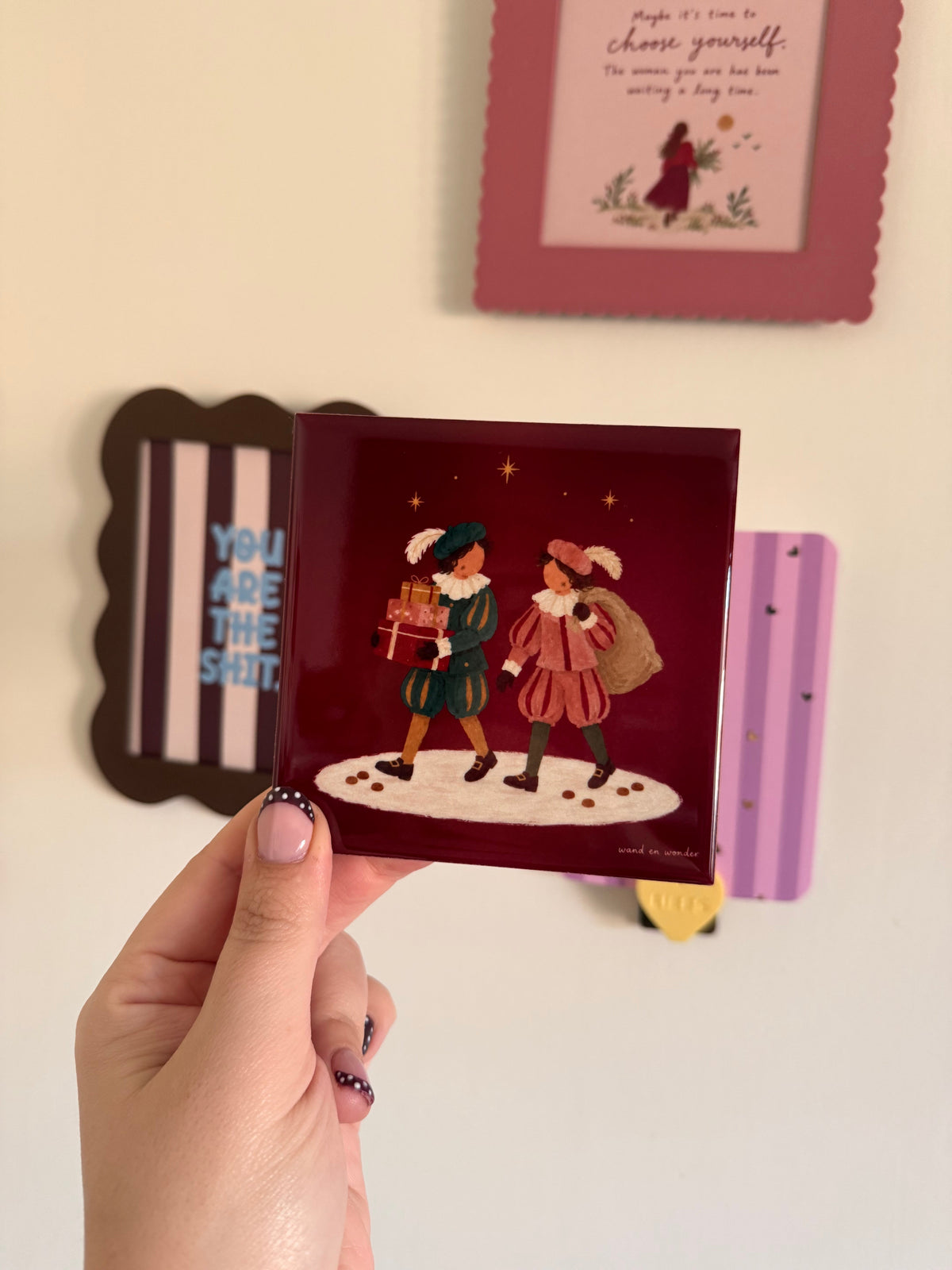 Geluksprentjes – Sinterklaas tegel met twee Pietjes