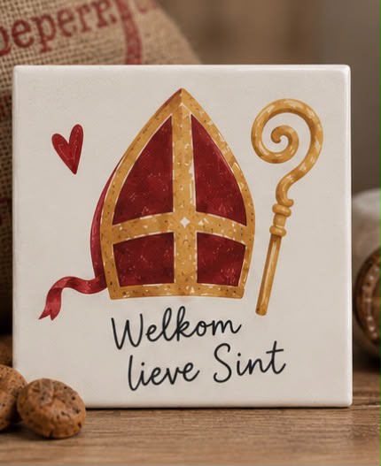 Keramische tegel met mijter en staf illustratie en tekst: Welkom lieve Sint