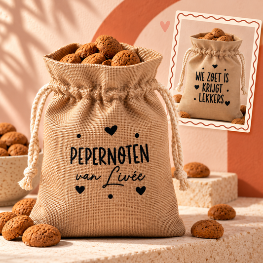 Naturelkleurig pepernotenzakje met naam en op de achterkant Wie zoet is krijgt lekkers