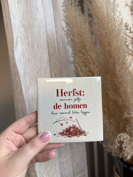 Tegel met tekst herfst wanneer zelfs de bomen hun rommel laten liggen met herfstbladeren en hark