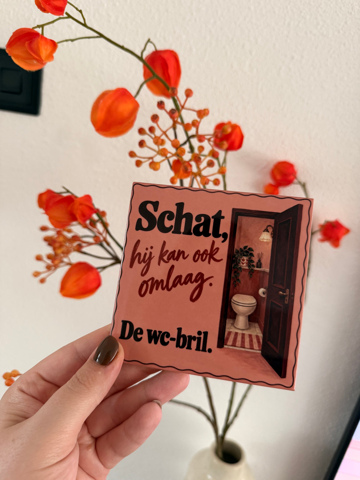 Tegeltje ‘Schat, hij kan ook omlaag’