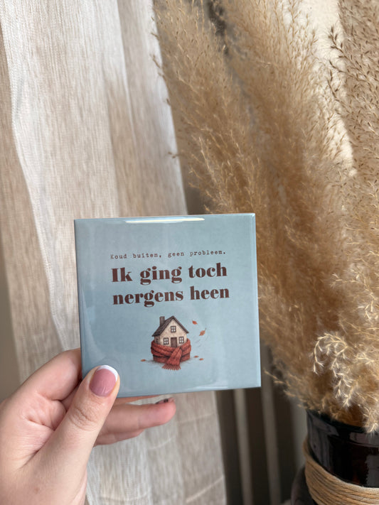 Tegel met tekst koud buiten geen probleem ik ging toch nergens heen met huisje in sjaal op blauwe achtergrond