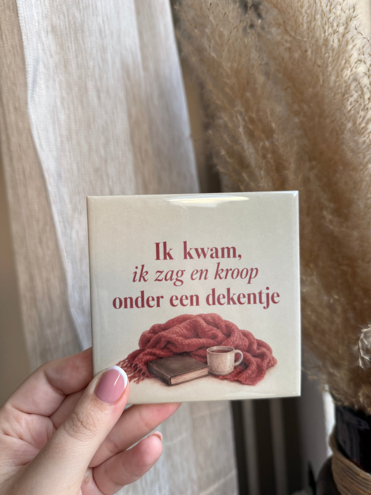 Tegel met tekst ik kwam ik zag en kroop onder een dekentje met boek mok en roze plaid