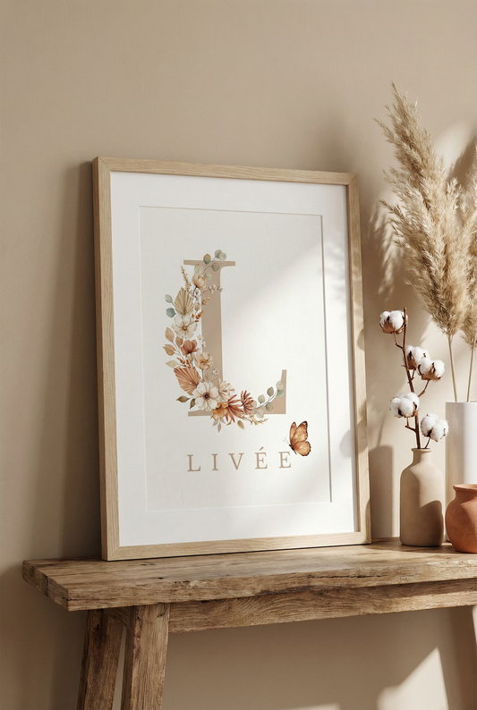 Geboorteposter met naam en bloemen