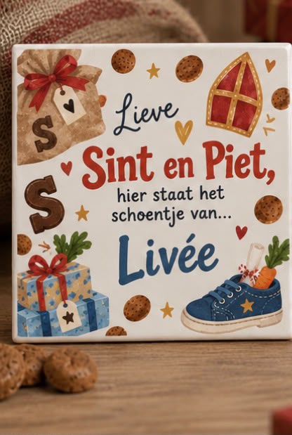 Gepersonaliseerde keramische Sinterklaas schoentjes-tegel met naam Livée